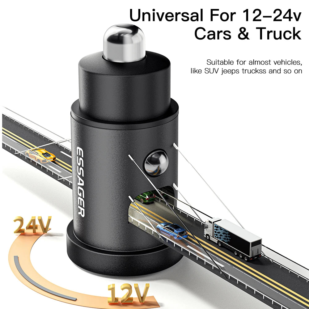 Essager 30W Car Charger QC 4.0 and QC 3.0 for Xiaomi Huawei Supercharge SCP Samsung AFC PD Fast Charging for IP USB C Phone Char