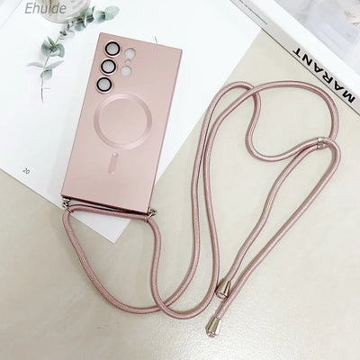 Metallic Paint Magnetic Case For Samsung Galaxy S26 S25 S24 S23 S22 Ultra FE Plus Wireless Crossbody Lanyard Strap Cover