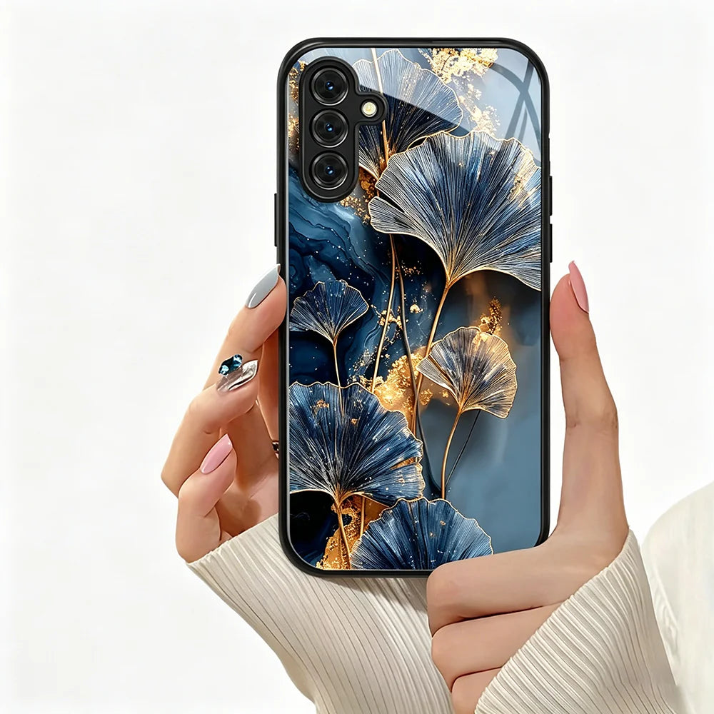 Ginkgo Leaf Tempered Glass Phone Case For Samsung A57 5G A56 S25 S26 Ultra S24 S23 Plus A37 A17 A55 A54 A53 A36 A26 Cases Cover