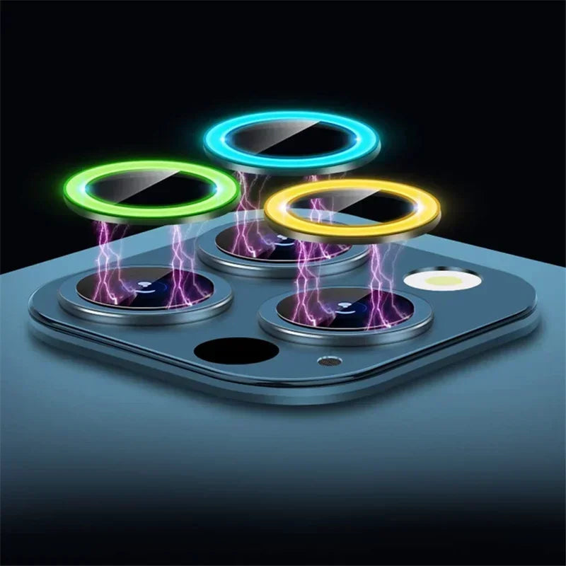 Luminous Metal Ring Tempered Glass Camera Lens Protector for IPhone 16 15 14 13 11 Pro Max Plus 12 Mini 16Pro Lens Film Cover