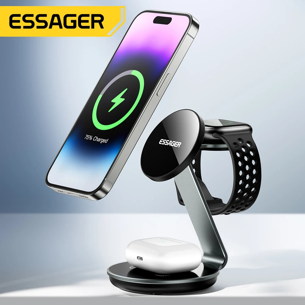 Essager 3 in 1 Magnetic Wireless Charger Bracket for Apple Watch Airpods 15W Fast Charge Dock Station for iPhone 15 14 13 12 Pro