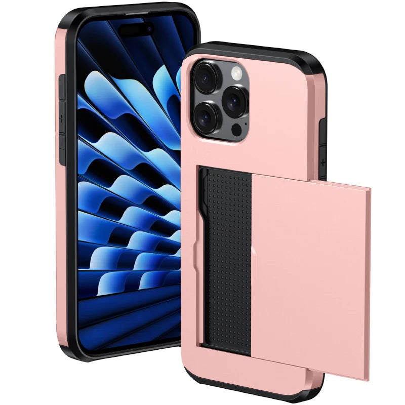 Push Pull Wallet Card Slot Solid Color Shockproof Phone Case For iPhone 16 Pro Max 14 11 12 13 15 Pro Max Mini Bumper Back Cover