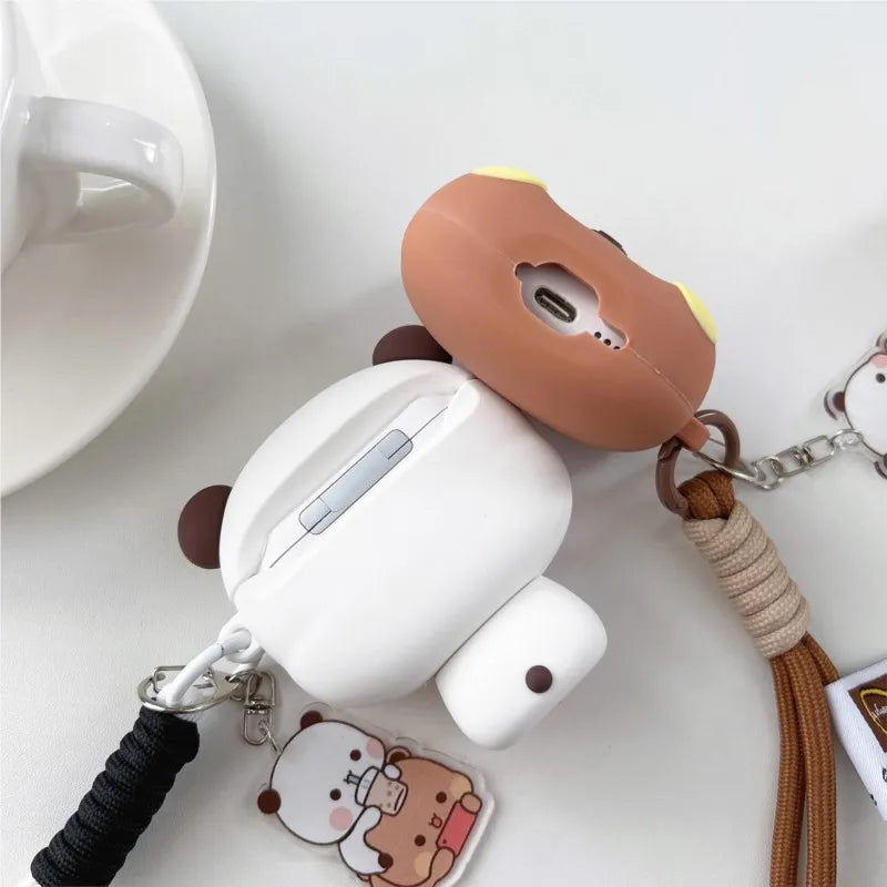 3D Panda Bear Soft Silicone For AirPods Case with Lanyard Keychain for AirPods 4 Pro Pro 2 Pro 3 Cute Shockproof Cover