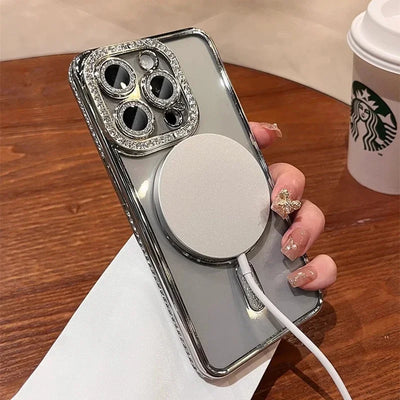 New Fashion Glitter Diamond Transparent Case For iPhone 16 15 14 13 17 12 18 Pro Max Plus Magnetic Wireless Charge Bumper Cover