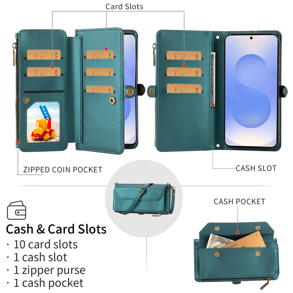 Wallet Protective Case for Samsung S26/S25/S24/S23/S22/S21 Ultra Cross-Shoulder Strap Protective Cover with Multiple Card Slots for Coins Faux Leather Phone Case