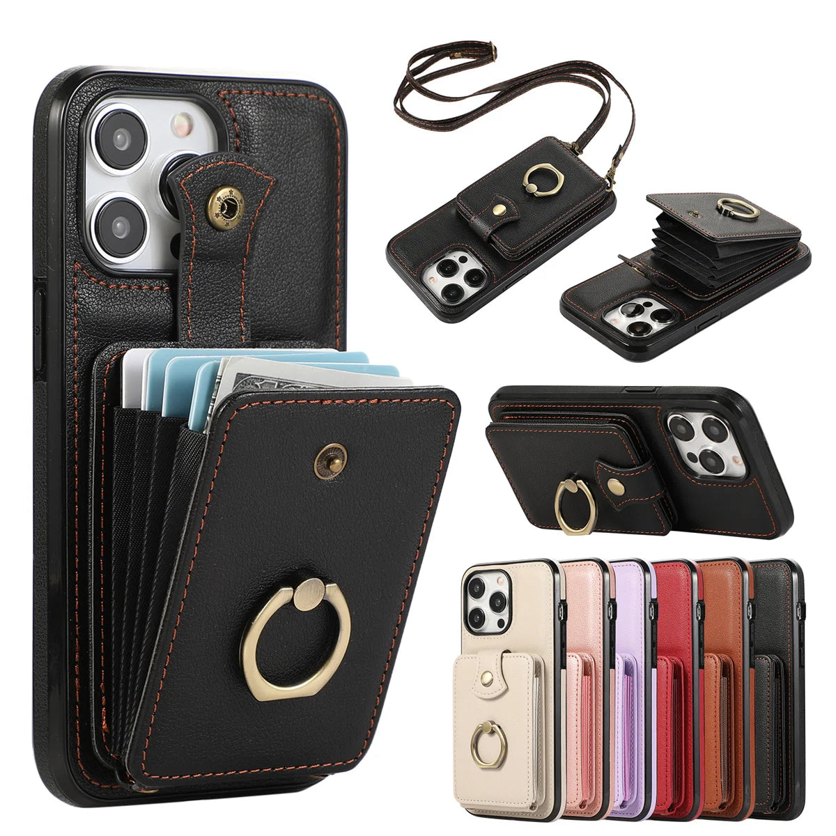 For iPhone 16/15/14 Pro Max 16 15 14 Plus Case Wallet with Card Holder, 360°Rotation Finger Ring Holder Kickstand, RFID Blocking