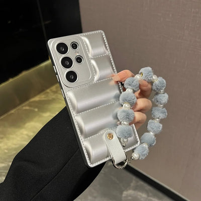 Luxury Down Jacket Pearl Bracelet Case for Samsung Galaxy S26 S25 Ultra S23 S24 Plus S21 S22 FE A56 A55 A16 Plush Lanyard Cover