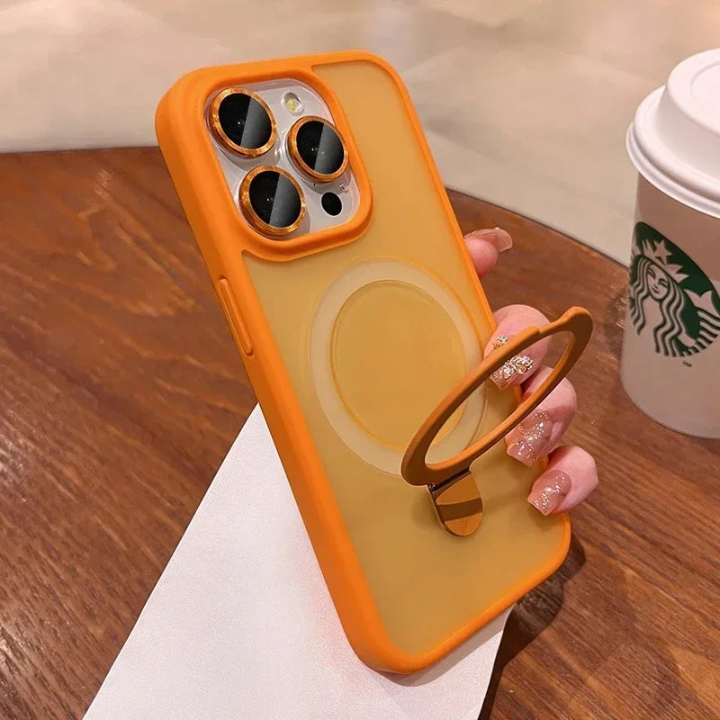 Matte Ring Holder Glass Lens Phone Case For iPhone 16 17 15 14 13 12 11 Pro Max For Magsafe Wireless Magnetic Hard Bumper Cover