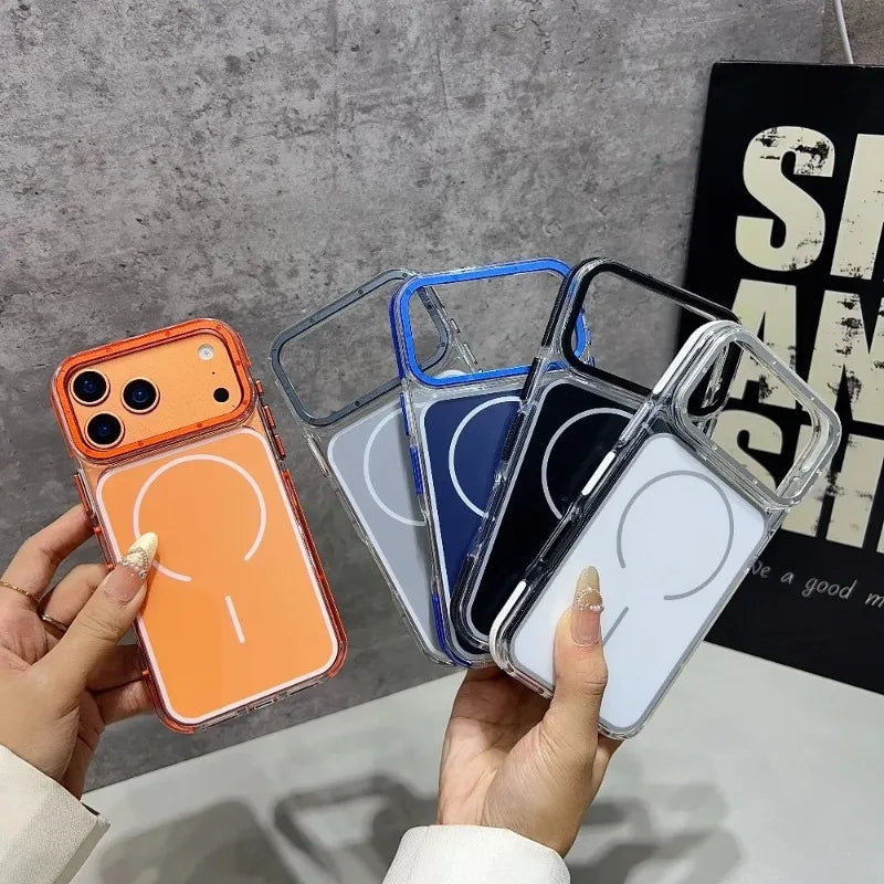 Luxury Two Tone Border Transparent Strong Magnetic Case for IPhone 18 Pro Max 17 Pro 16 15 14 13 12 Pro Max For Magsafe Cover