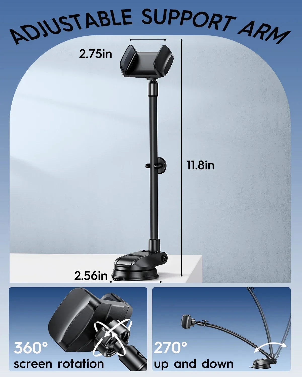 Eary Car Phone Mount Dashboard Windshield Holder With Strong Suction Cup Adjustable Arm 360°Rotation Car Bracket for All Phones