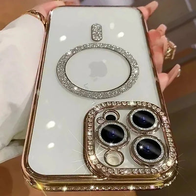 New Fashion Glitter Diamond Transparent Case For iPhone 16 15 14 13 17 12 18 Pro Max Plus Magnetic Wireless Charge Bumper Cover