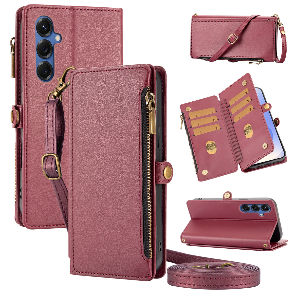 Flip Cover Protective Case for Redmi Note 8/9/10/11/12/13/14/15Pro with Multiple Card Slots, Crossbody Strap, Wallet Phone Case, Zipper Coin Pocket, Stand, Faux Leather Protective Cover