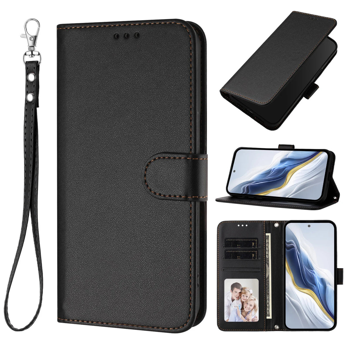 Solid Color Flip Wallet Leather Case For iPhone 17 13 14 15 16 12 Pro Max Air 16E 16 15 14 Plus 12 13 Mini Lanyard Back Cover