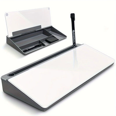 Sleek Compact Glass Desk Whiteboard with Built-in Storage, Modern Tempered Glass Desktop Organizer & Keyboard Holder, Efficient