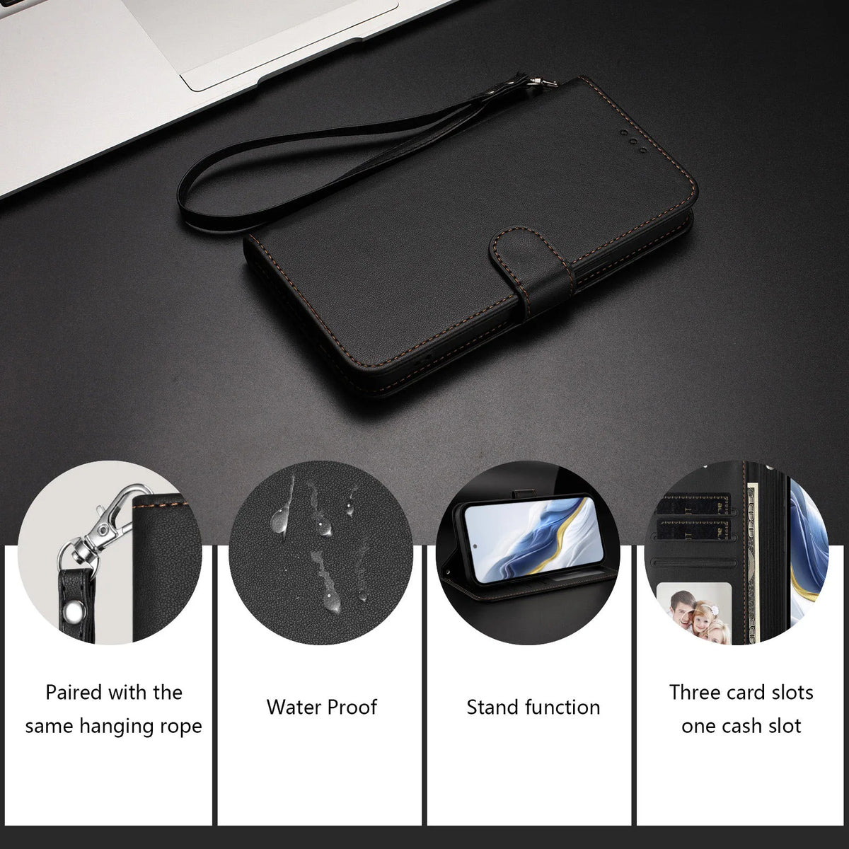 Solid Color Flip Wallet Leather Case For iPhone 17 13 14 15 16 12 Pro Max Air 16E 16 15 14 Plus 12 13 Mini Lanyard Back Cover