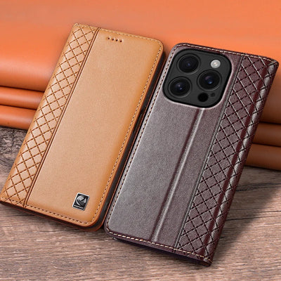 For APPLE iPhone 17 16 16E 15 14 Pro Max Air Plus Flip Case Grid Pattern Magnetic Cover Cowhide Genuine Leather Wallet Covers