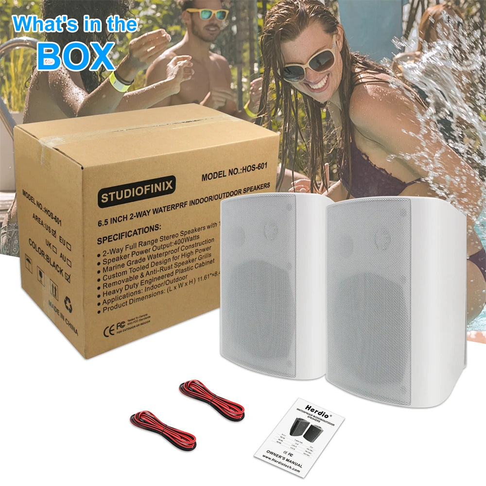 Herdio 6.5 Inch 400W Indoor Outdoor Passive Speakers Wired Waterproof Powerful Bass Wall Mount All-Weather Durability for Patio Garage Covered Deck