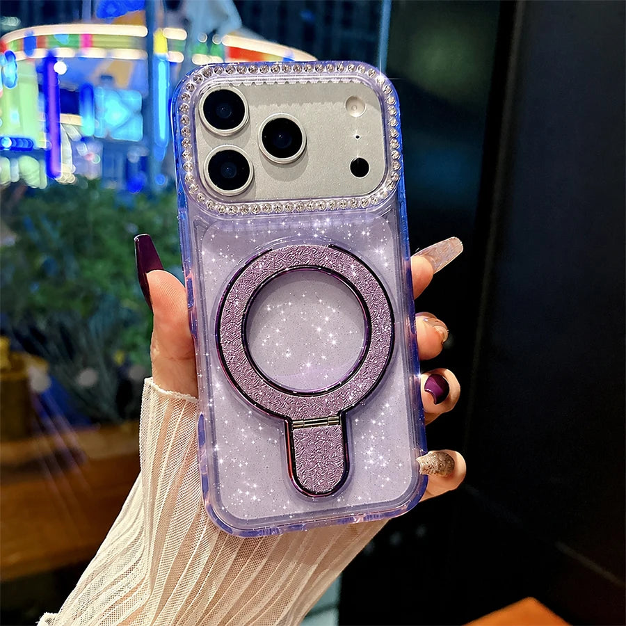 Luxury Sparkling Glitter Magnetic Ring Stand Phone Case for iPhone 18/17 Air/16/15/14/13/12 Pro Max/Pro/Plus Series, Crystal Clear Rhinestone Diamond Protective Cover with Raised Camera Lens Protection, Compatible with MagSaf
