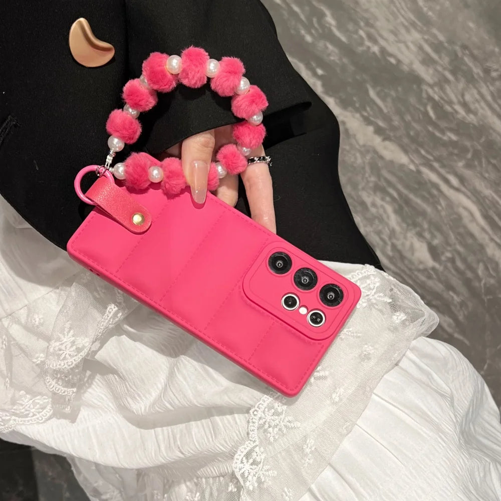 Luxury Down Jacket Pearl Bracelet Case for Samsung Galaxy S26 S25 Ultra S23 S24 Plus S21 S22 FE A56 A55 A16 Plush Lanyard Cover