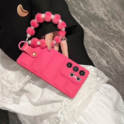 Luxury Down Jacket Pearl Bracelet Case for Samsung Galaxy S26 S25 Ultra S23 S24 Plus S21 S22 FE A56 A55 A16 Plush Lanyard Cover