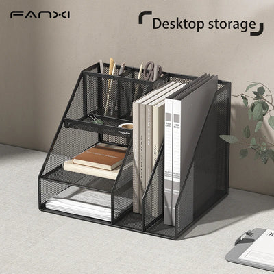 Desk Organizer with File Holder, Desk Organizers with 3 Tier Letter Trays and 2 Pen Holders, Mesh Desk Accessories & Workspace