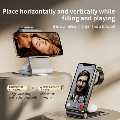 Magnetic Wireless Charging Station 3 in 1 Foldable - 15W Fast Charger Compatible with iPhone, Samsung, AirPods Pro, Aluminum Alloy Stand, Space-Saving for Home Office Travel Bedside Nightstand Desk, Easy to Carry
