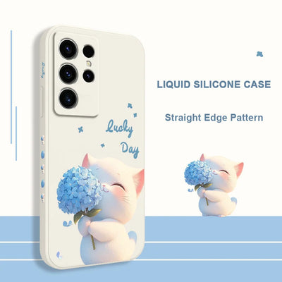 Blue Silk Cat Phone Case For Samsung Galaxy S25 FE S24 S23 S22 S21 S20 S10 S10E Ultra Plus FE Note 20 Ultra Plus Cover