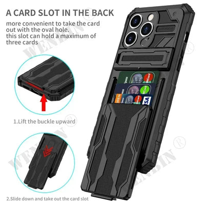Case For iPhone 16 15 14 13 12 11 Pro Max Plus XR 8 7 Plus Anti Shock KickStand Bracket Card Slot Case