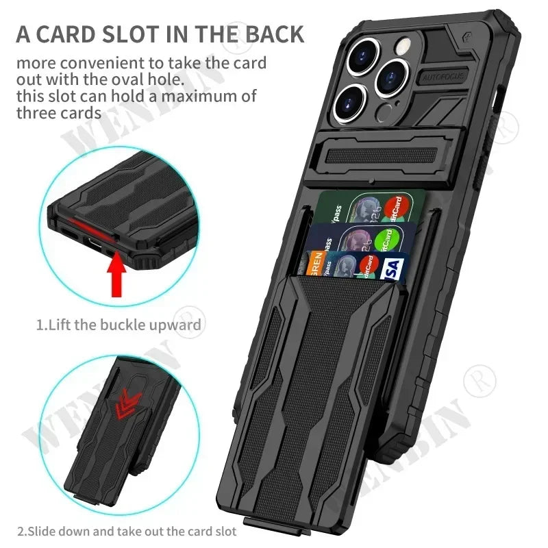 Case For iPhone 16 15 14 13 12 11 Pro Max Plus XR 8 7 Plus Anti Shock KickStand Bracket Card Slot Case