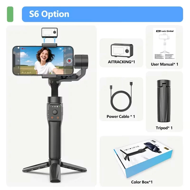 QAML S6 3-Axis Gimbal Gesture Control & Fill Light for Smooth Vlogs, Streams & Selfies. Compact & Durable, Perfect for Creator