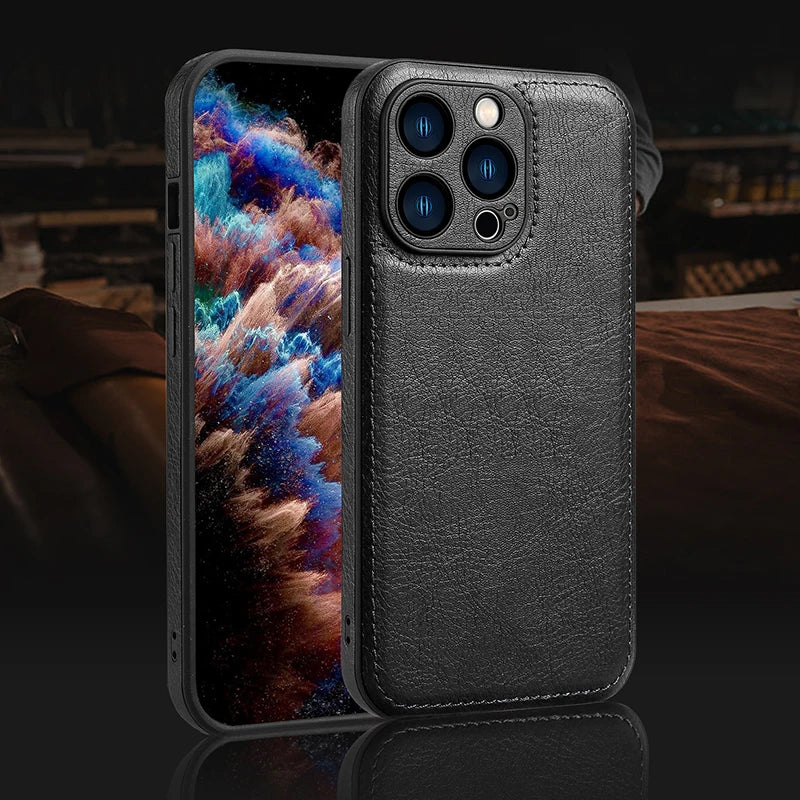 Luxury Solid Color Leather Bumper Soft Phone Case For iPhone 16 Pro Max 14 11 12 13 15 Pro Max Camera Lens Protection Back Cover