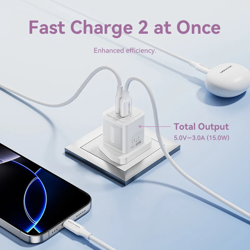 Vention 30W GaN USB Type C Charger PD 3.0 Dual Ports Fast Charging for iPhone 8-16 Tablet Xiaomi Samsung USB Type C USB Charger