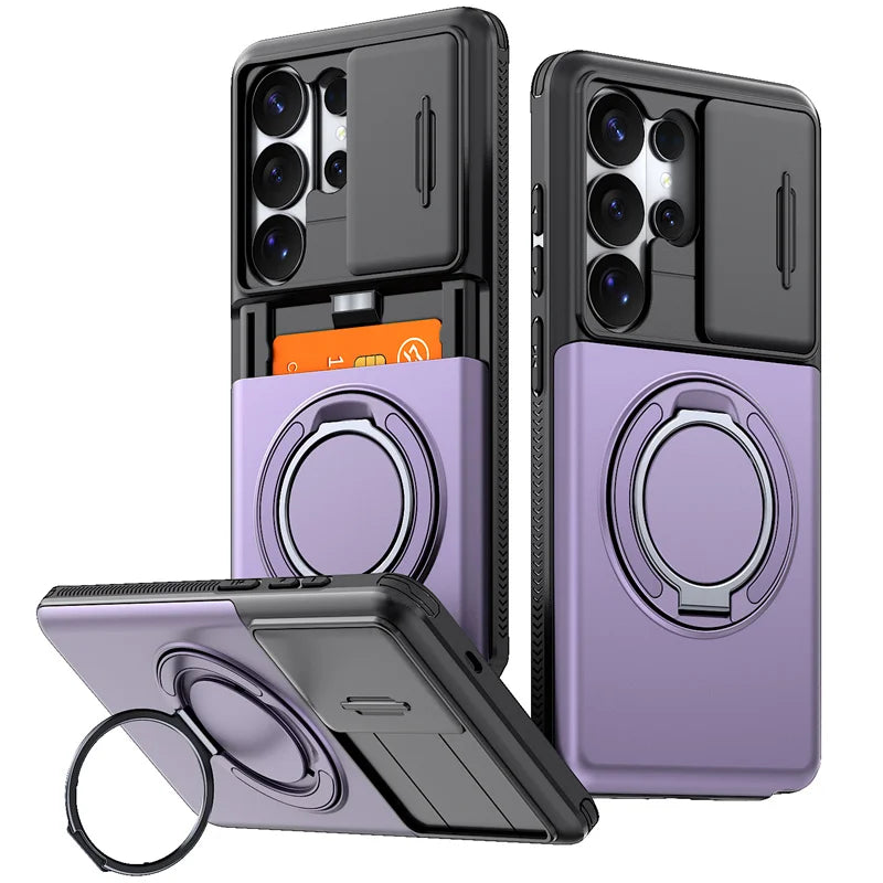 Slide Lens Card Slot Holder Cover Funda For Samsung Galaxy S22 S23 S26 Ultra S25 Plus S24 FE Case Armor Magnetic Holder Coque