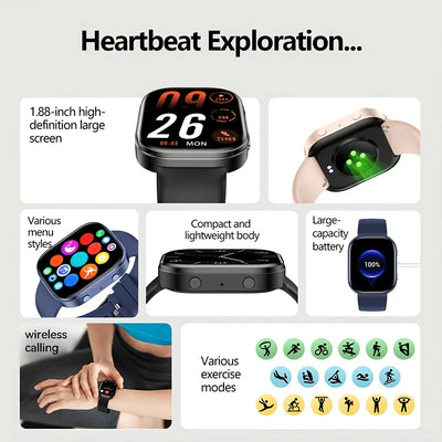Smart Watch With Wireless Calling, 1.88 TFT Display, Multiple Sports Modes, Call and Message Notifications, AI Voice Control, Sleep & Music Monitoring, Remote Camera, Alarm Clock, Calculator, USB Rechargeable Lithium Polymer