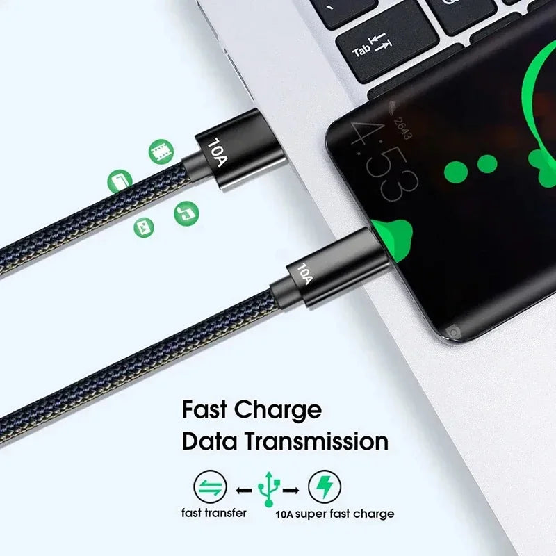 120W 10A Cable Super Fast Charge Cable USB A To Type C Data Cord Braided Cable 1/1.5/2/3M For Xiaomi iPhone Quick Charging Cable