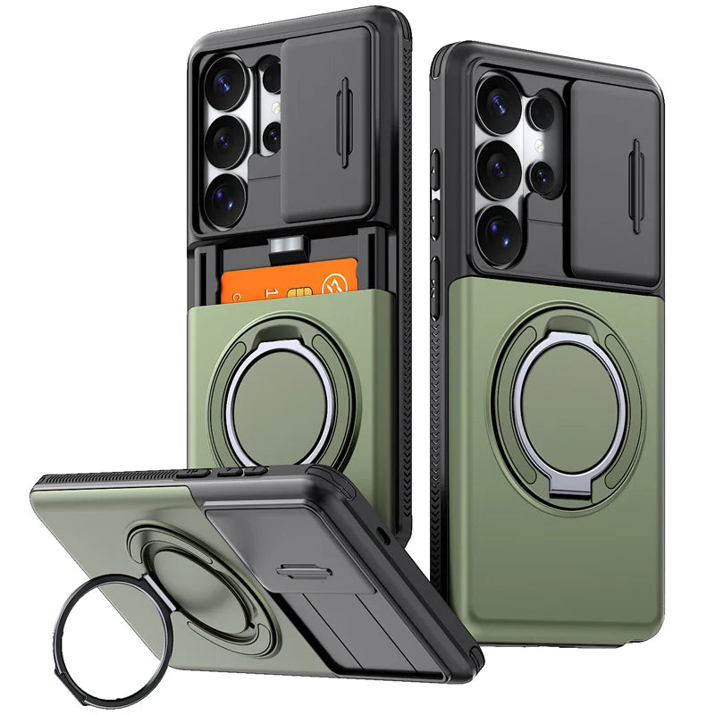 Slide Lens Card Slot Holder Cover Funda For Samsung Galaxy S22 S23 S26 Ultra S25 Plus S24 FE Case Armor Magnetic Holder Coque