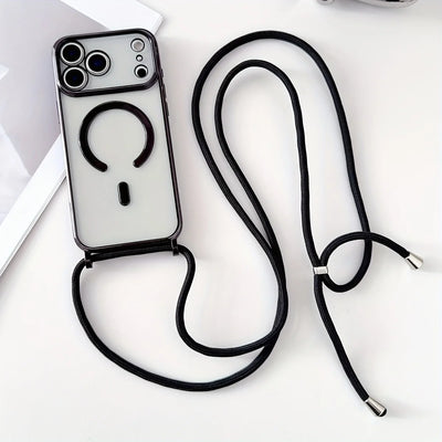 Luxury Necklace Cord Rope Lanyard Plating Magnetic Clear Phone Case For iPhone 17 16 14 12 13 15 Pro Max Air For Magsafe Cover