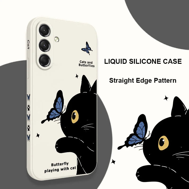 Cat Butterfly Phone Case For Samsung Galaxy S25 S24 S23 S22 S21 S20 S10  Ultra Plus FE Note 20 Ultra 10 Plus Cover