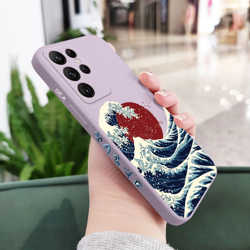 Red Sun Sea Waves Phone Case For Samsung Galaxy S25FE  S24 S23 S22 S21 S20 Ultra Plus FE S10 S9  Note 20 ultra 10 9 Plus Cover