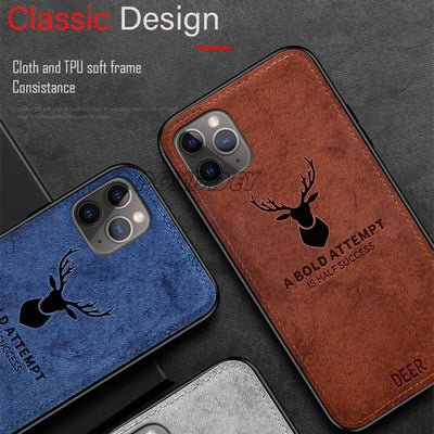 Lanyard Vintage Deer Print Phone Case For iPhone 17 Air 11 12 13 14 15 16 Pro Max Max Plus 16E PU Cloth Texture Mild Back Cover