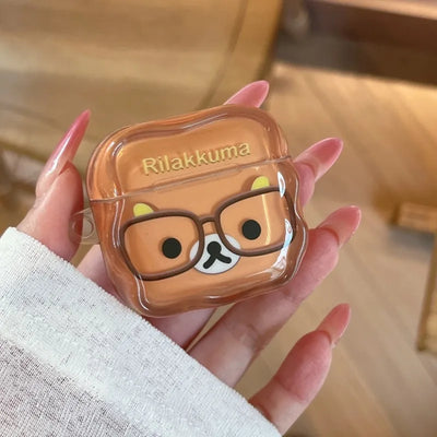 Korean Cute Rilakkuma Glasses Clear AirPods Case with Keychain for AirPods 1 2 3 4 Pro 2 Pro 3 Cute Shockproof Protective Cover
