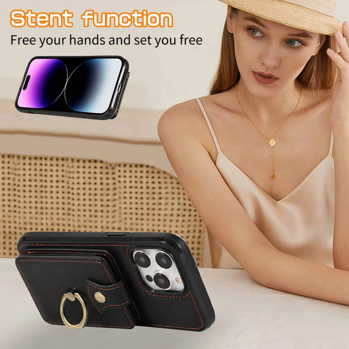 For iPhone 16/15/14 Pro Max 16 15 14 Plus Case Wallet with Card Holder, 360°Rotation Finger Ring Holder Kickstand, RFID Blocking