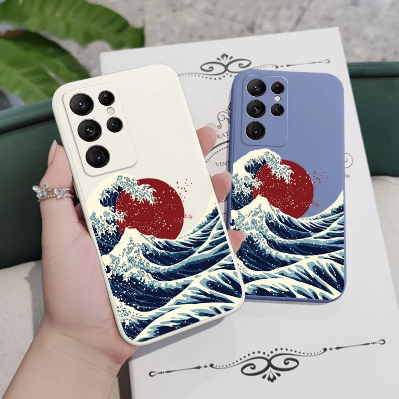 Red Sun Sea Waves Phone Case For Samsung Galaxy S25FE  S24 S23 S22 S21 S20 Ultra Plus FE S10 S9  Note 20 ultra 10 9 Plus Cover