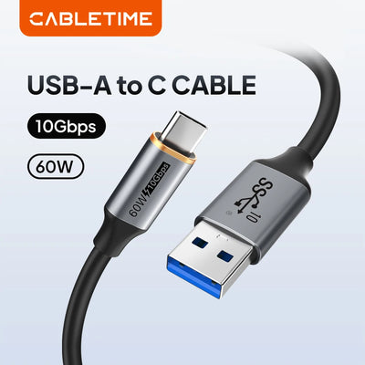 CABLETIME USB 3.2 to USB C 3A Cable 10Gbps PVC Fast Data Transmission QC 3.0 60W Braided Wire for Smart Phone SSD Enclosure