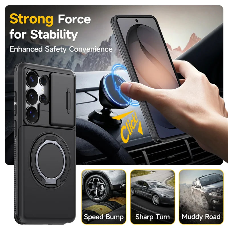 Slide Lens Card Slot Holder Cover Funda For Samsung Galaxy S22 S23 S26 Ultra S25 Plus S24 FE Case Armor Magnetic Holder Coque