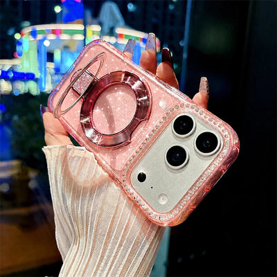 Luxury Sparkling Glitter Magnetic Ring Stand Phone Case for iPhone 18/17 Air/16/15/14/13/12 Pro Max/Pro/Plus Series, Crystal Clear Rhinestone Diamond Protective Cover with Raised Camera Lens Protection, Compatible with MagSaf