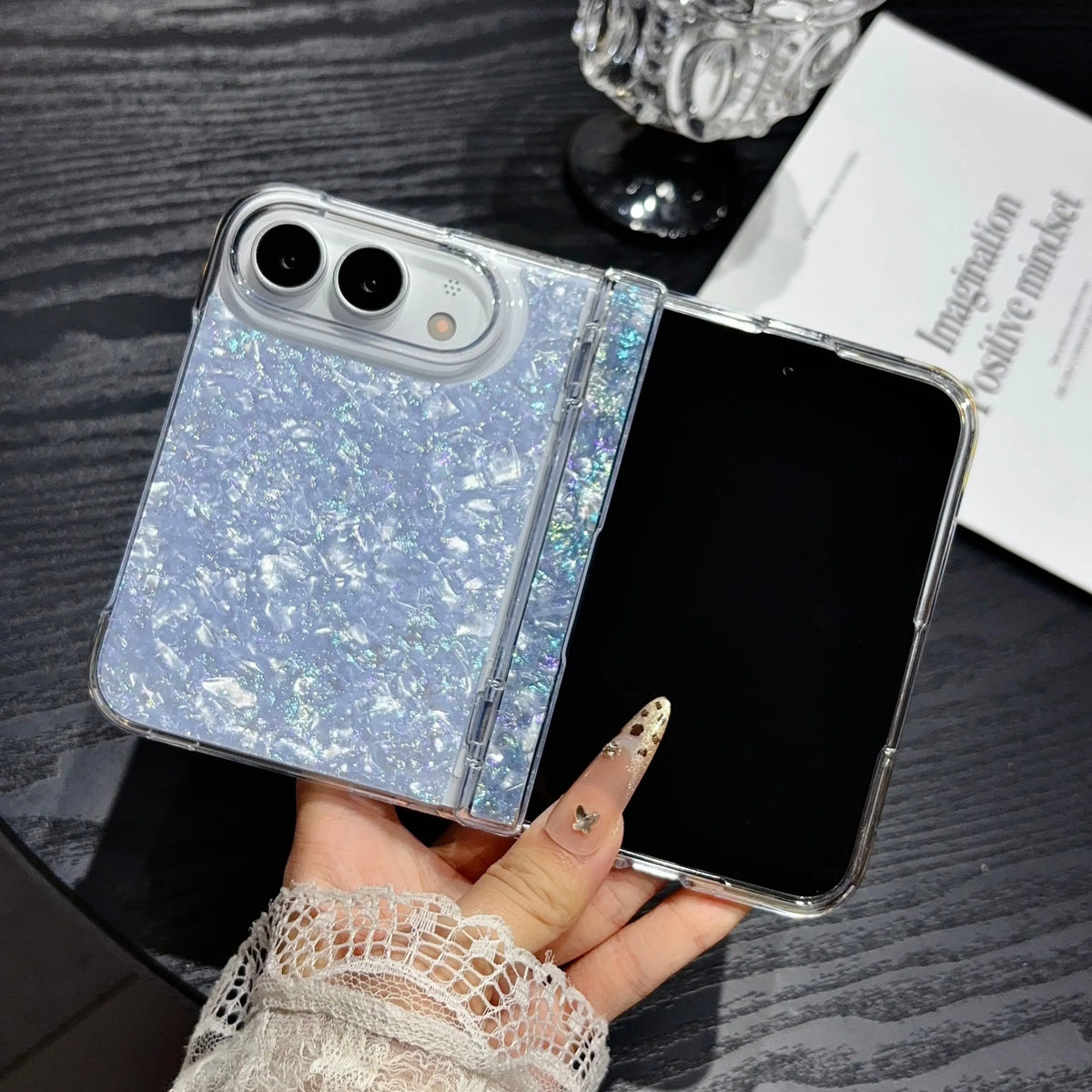 Fashion INS IMD Iridescent Shell Glitter Flip Phone Case For IPhone Duo 18 Fold Skin Feel Hinge Full-protecto Shockproof Cover