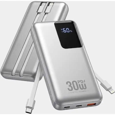 10000mAh 30W PD Fast Charging Power Bank Built-in 2 Cables Portable External Battery Pack LED Digital Display Slim Metal Powerbank For iPhone 18 Pro  Android Travel