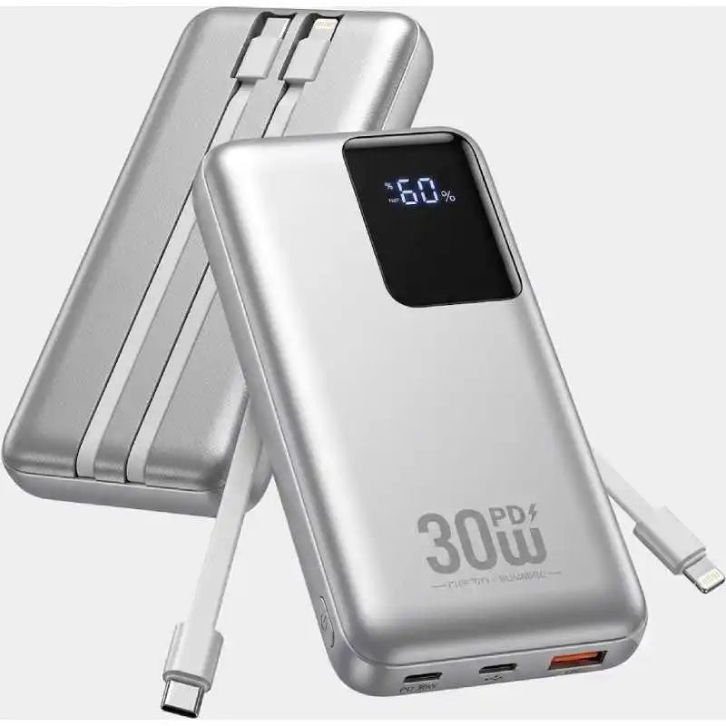 10000mAh 30W PD Fast Charging Power Bank Built-in 2 Cables Portable External Battery Pack LED Digital Display Slim Metal Powerbank For iPhone 18 Pro  Android Travel