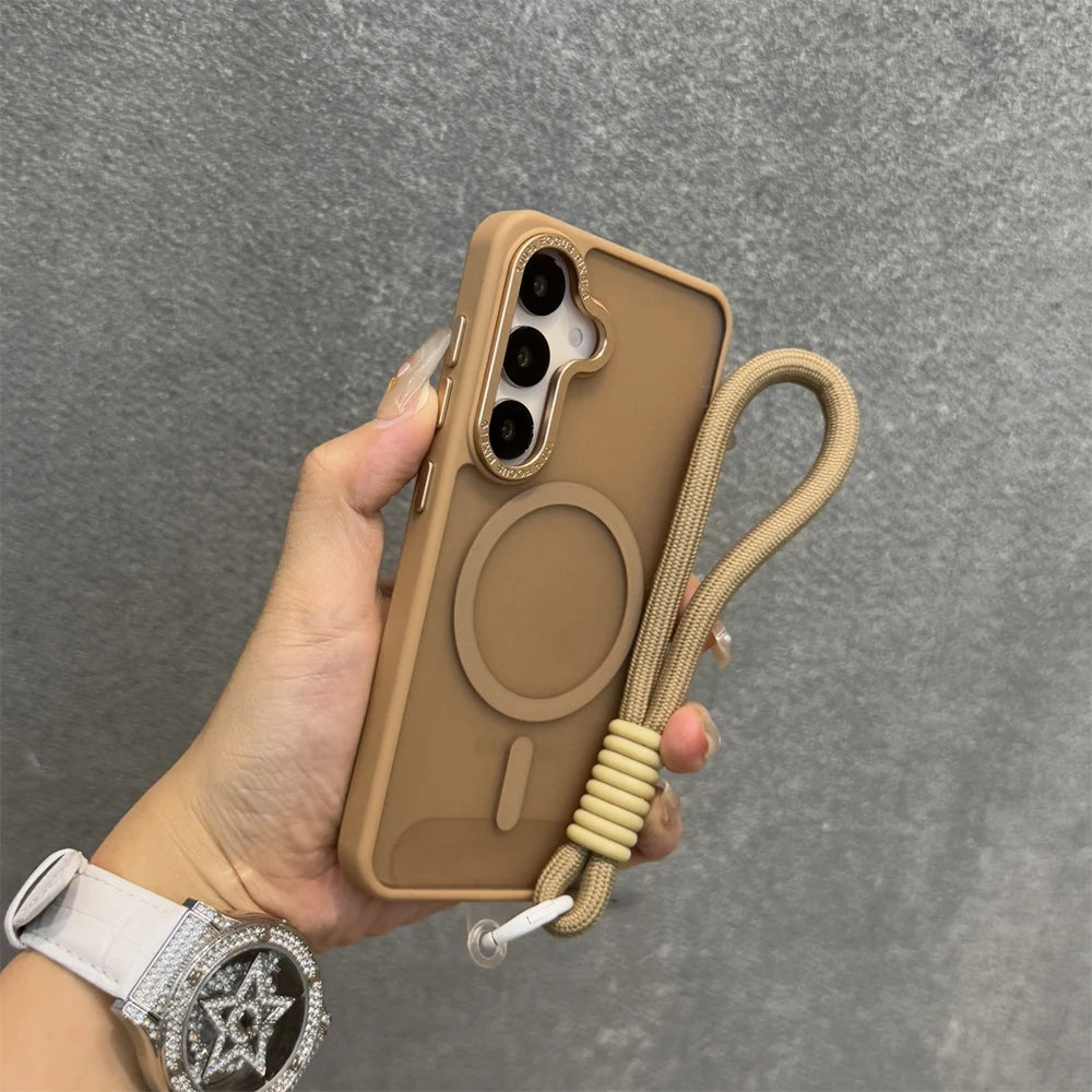 Luxury Matte Magnetic Lanyard Case for Samsung Galaxy S26 S25 Ultra S23 Plus S24 FE Hand Wrist Strap Frosted Shockproof Cover